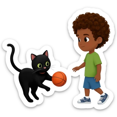 Black cat playing with orange basketball and a little boy with curly hair sticker