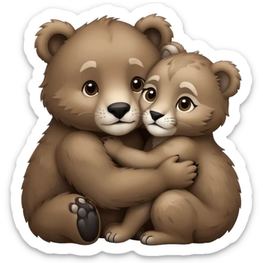brown bear cub hugs gray puma sticker
