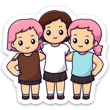 a black girl with dark brown hair next to a white girl with pink hair and a white girl with brown hair sticker