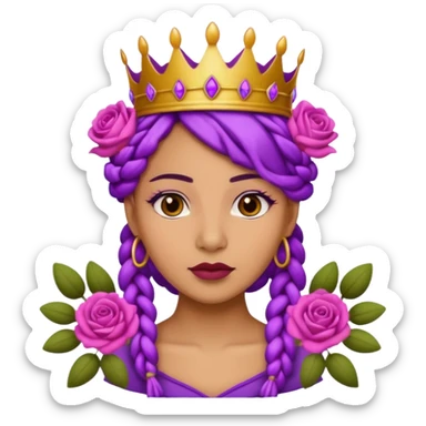 Crown Olive skin queen with purple braids, brown eyes surrounded by roses sticker