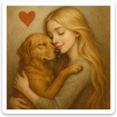 A pretty woman with pale skin and very long blonde hair embracing a dog, a heart floating around her. sticker