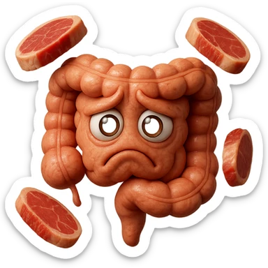 emoji stile iphone in 3d di un intestino triste con fette di carne che gli fluttuano intorno, gli occhi falli con la parte bianca pure, iperrealistico 4k sticker