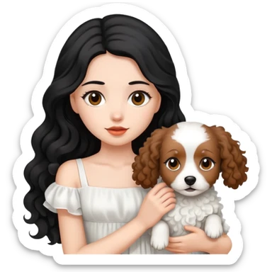 beautiful girl with long black hair in a white dress holding a small brown curly-haired dog sticker