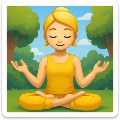 Add a peaceful nature background with trees and sky behind the meditating emoji, keep the classic emoji style sticker