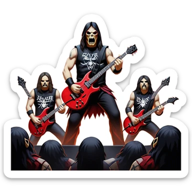 Icon for Heavy Metal: Slayer band on stage during a live concert, with guitars, drums, and intense lighting effects. The atmosphere is charged with energy, and the iconic Slayer logo is visible. Transparent background. sticker