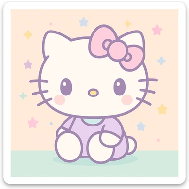 Hello Kitty, pastel kawaii style, soft colors, white cat with a pink bow, minimal background sticker