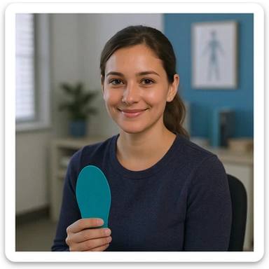 vertical scene in a professional medical office, a client with poor posture receiving advice about orthotic insoles from a doctor, with elements representing postural exercises and collaboration with other specialists, professional illustrative style sticker