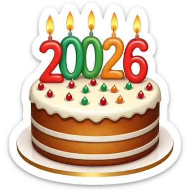 A festive New Year cake with lit candles shaped as the number 2026,
warm lighting, celebratory atmosphere,
soft background, high quality, clean composition sticker