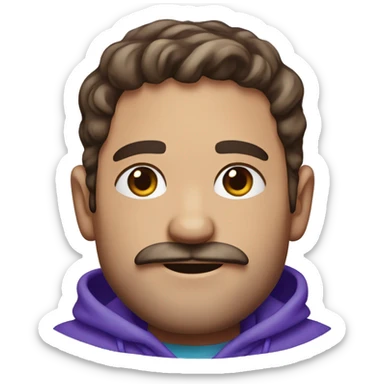 Man with brown hair and short beard and moustache wearing a blue and purple tie-dye hoodie sticker