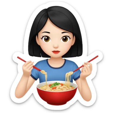 girl with black hair in short sleeves eating noodles with a spoon and chopsticks sticker