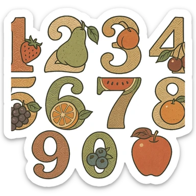 ukiyo-e style numbers with fruit motifs, traditional Japanese illustration sticker