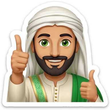 "Tanned Arab Saudi man with green eyes and a beard, wearing an agal and traditional attire, smiling happily and giving a big thumbs-up sticker