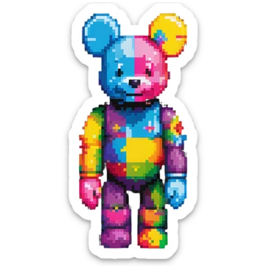Pixel art KAWS Bearbrick figure with a happy smiling face, bright colors, and blocky bear shape sticker
