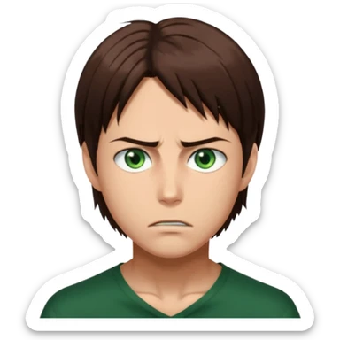 “Create an avatar that looks like Eren Yeager from Attack on Titan, Season 4 — sharp jawline, tied-back long brown hair, intense green eyes. Normal expression.  sticker