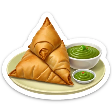 a samosa with a small bowl of green chutney beside it sticker