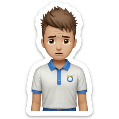 Handsome male.short messy brown hair.mowhawk hairstyle. wearing golf shirt and shorts.crying. garden background  sticker