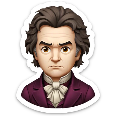 Cinematic Realistic Beethoven Portrait Emoji, depicted as a passionate composer with intense expressive features in period attire, rendered with rich textures and dramatic moody lighting that captures the turbulent genius of his music. sticker