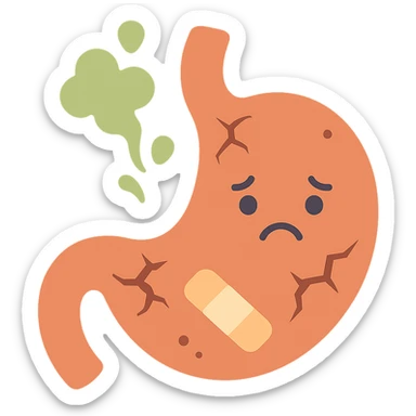 cartoon icon of a stomach character with cracks or holes, sad face, acid splashes, bandages, cute but informative medical style sticker