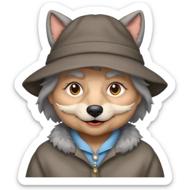 The big bad wolf is wearing Grandma's clothes and a hat, yet its face still looks like a wolf's. sticker