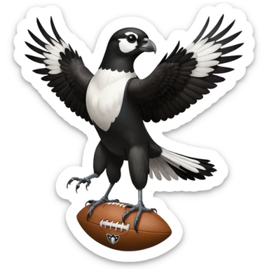 A magpie standing on top of a hawk that's tiered and the magpies holding a afl ball sticker