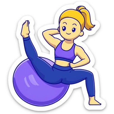 Yellow-skinned girl with high ponytail wearing blue sports bra and navy yoga pants doing yoga with a large exercise ball sticker