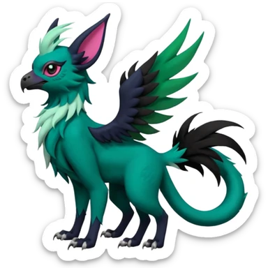 Dark-deep-Emerald-green gryphon-Trico-Nargacuga-Absol-Leafeon-Sprigatito-fusion-hybrid with a long tufted tail, black beak, pink accents, black claws, black tail, majestic, realistic, furry (full body) sticker