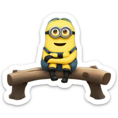minion cute sitting on a bench and hugging a log sticker