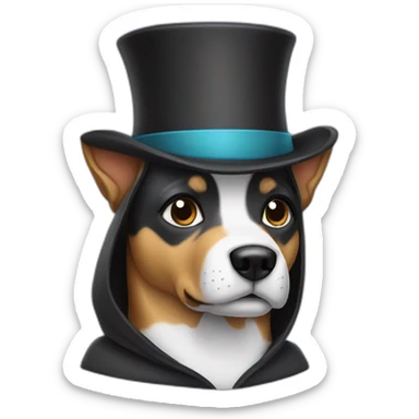 Dog wearing a hoodie and a top hat sticker
