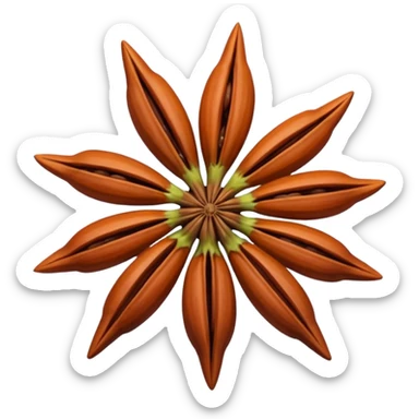 whole star anise pods, one or two, reddish-brown, eight pointed arms, perfect star, smooth and glossy, visible seeds, woody crisp, no extras, soft lighting, transparent background, emoji scale sticker