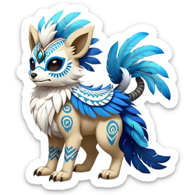 Furry cute colorful exotic tribal feral anime-styled Fakémon-Pokémon-animal-creature with a skull mask, and a feather-mane-collar, and blue feathers, no ears, earless, long furry tail, 4 legs, (full body), with intricate pattern-markings sticker