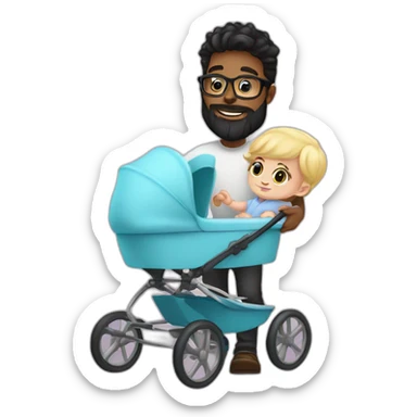 Black haired man with beard and glasses pushing buggy with blonde baby sticker