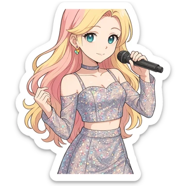 Fluttershy as a human K-pop idol in anime style, long wavy blonde hair, sparkly modern outfit, holding a microphone, transparent background sticker