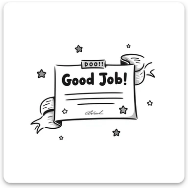 Simple diploma-style certificate with "Good Job!" text and star decorations sticker