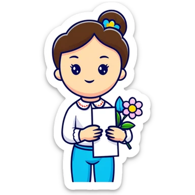 Ukrainian young girl in white embroidered shirt holding colored paper and a flower sticker