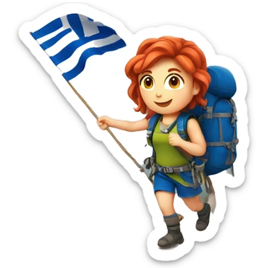 Greek flag background Female mountain climber red hair climbing with Greek flag on backpack and holding Easter eggs basket sticker