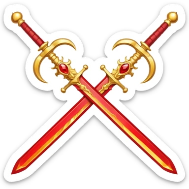 Two crossed swords that are golden in blade and handle and have fiery and royal appearence to them as well as red gem stones sticker