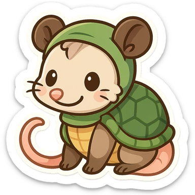 cute cartoon possum dressed up like a turtle, sticker style, transparent background sticker