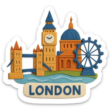 London with layered cut-out buildings and Thames river in paper craft style sticker