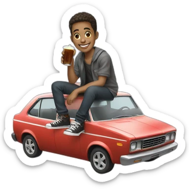 Young men, sit on a car, drinks cola sticker