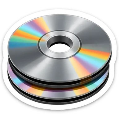 Minimalist emoji-style sticker of a small stack of DVD discs, one cracked, one with burn marks. Top-down view, grayscale and muted tones, flat design, no text. sticker