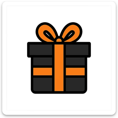 black gift box wrapped with an orange ribbon, simple, clear, icon-like sticker