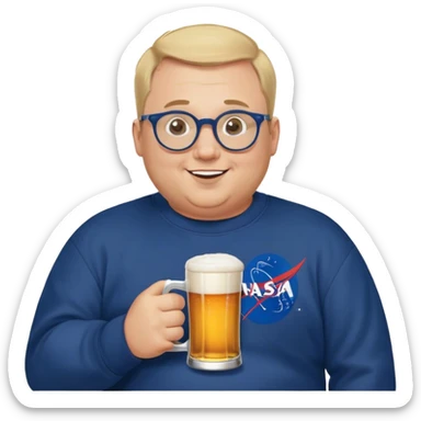 happy chubby man, drinks a beer,  blond short and hight receding hairline, wearing a dark blue sweatshirt, nasa logo on the sweatshirt, round glasses without frame, 40 years old sticker