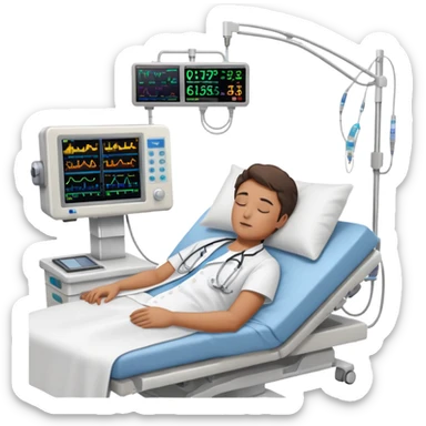 Hospital room with sleep study setup, hospital bed with sleeping patient, doctor in white coat, EEG machine, brain wave monitors, and hospital equipment sticker