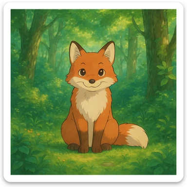 a friendly fox sitting in a lush forest, ghibli style sticker