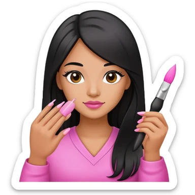 Pink Nail Tech with black long hair holding small acrylic brush sticker