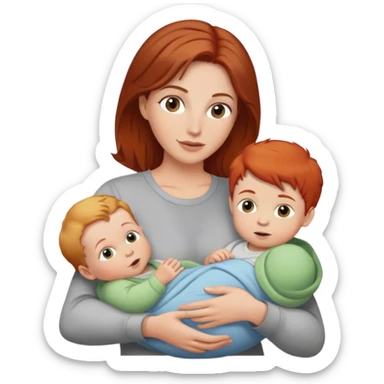 A mother with brown hair holds a red-haired baby and a blond boy  sticker