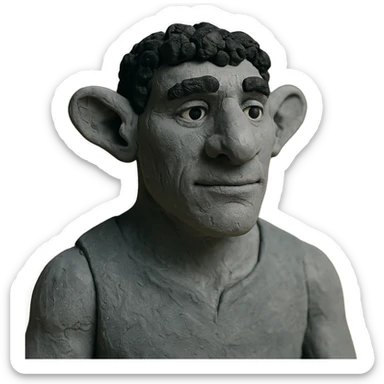 firbolg from DnD with gray skin, black curly hair, clean-shaven face, no beard in claymation style sticker