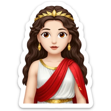 Libertas, Goddess of Freedom from Roman Deities with long dark brown wavy hair, white and red sequin toga sticker