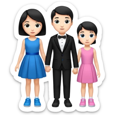 generate a pretty bratz fair skinned boy with short black hair wearing a black tux with blue sneakers .with a girl in a pink dress sticker
