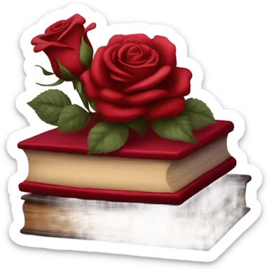 A red stack of books with a maroon bouquet of vintage-style roses and a silk ribbon sticker